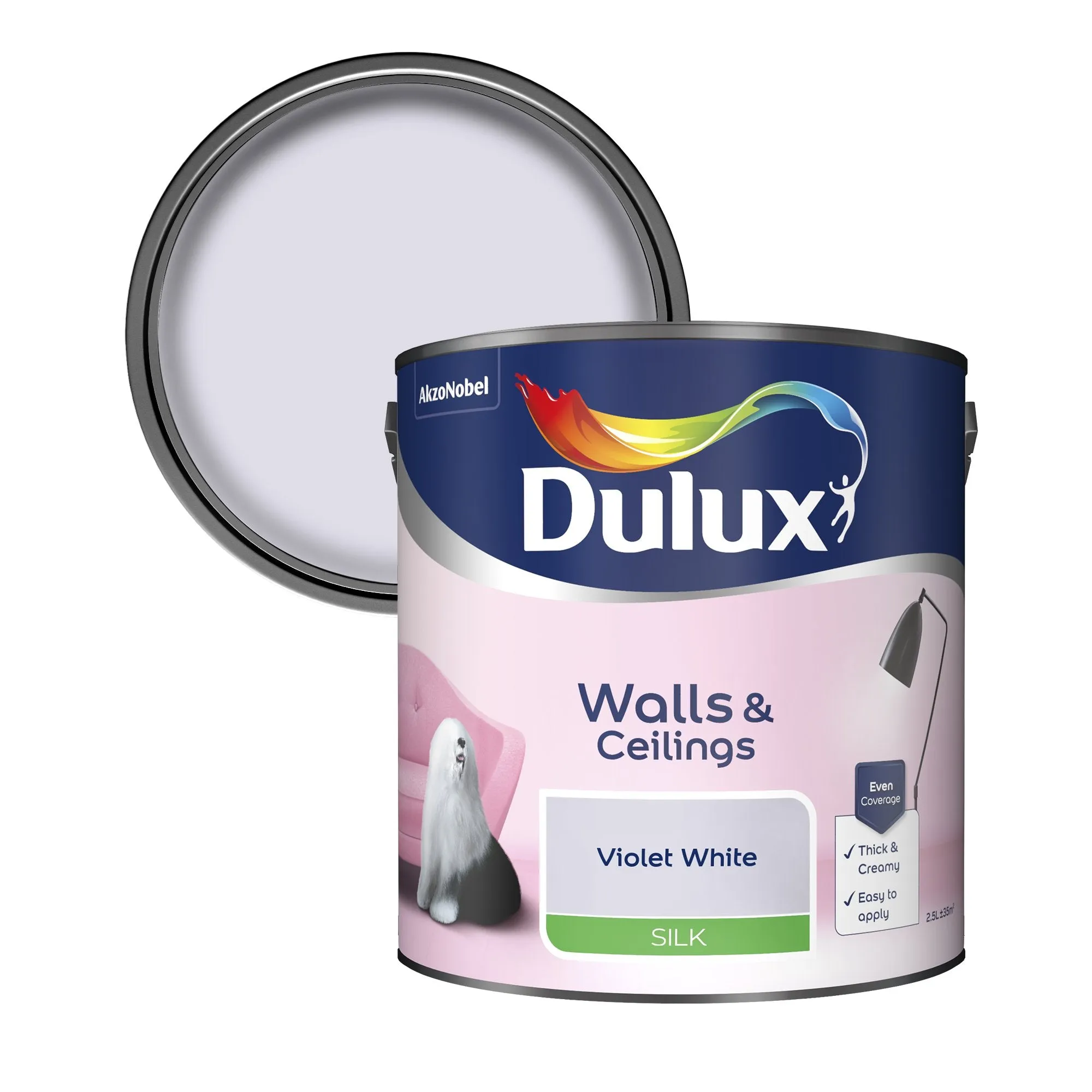 Dulux Silk Emulsion Paint For Walls And Ceilings - Violet White 2.5L