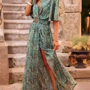 DUNNMALL  Cross-Border Spring and Summer New European and American Style Dress Slimming Printed Cinched Mid-Length Dress Temperament Short Sleeve Dress