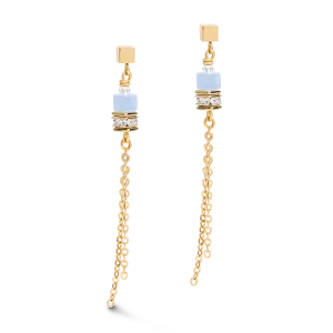 Earrings GeoCUBE® double chain long stainless steel gold-blue