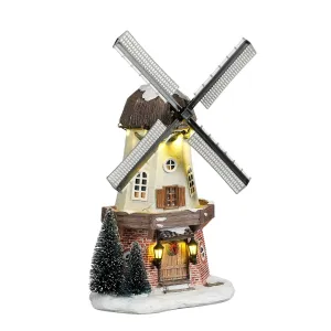 Edelman 27cm Snow Covered Windmill Scene with Snow Dusted Trees and Wreath