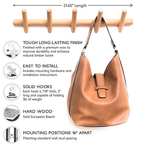 Eden & Co Modern Wall Mounted Coat and Hat Rack 5 Hooks Hanger With Pegs