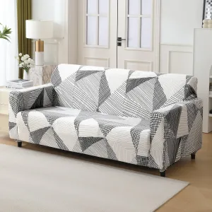Elastic Stretchable Printed 140gsm Fully Covered Sofa Cover, Snow White Black Geometry