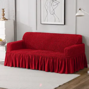 Elastic Stretchable Turkish Bubble Sofa Cover with Frill, Scarlet Red