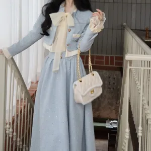 Elegant 2 Piece Dress Set Women Winter Sweet Vintage Party Korean Style Suits Slim Chic Long Sleeve Tops  Casual Long Skirt