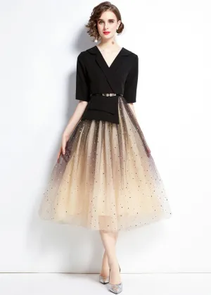 Elegant Black V Neck Sequins Tulle Patchwork Spandex Dresses Summer LY7360