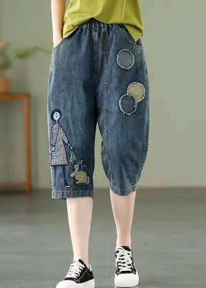 Elegant Blue Embroideried Print Elastic Waist Denim Crop Pants Summer LY1287