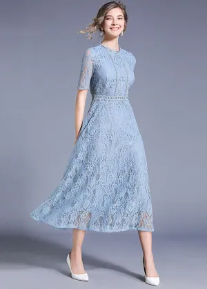 Elegant Blue Hollow Out Embroideried Patchwork Lace Long Dresses Summer LY7394
