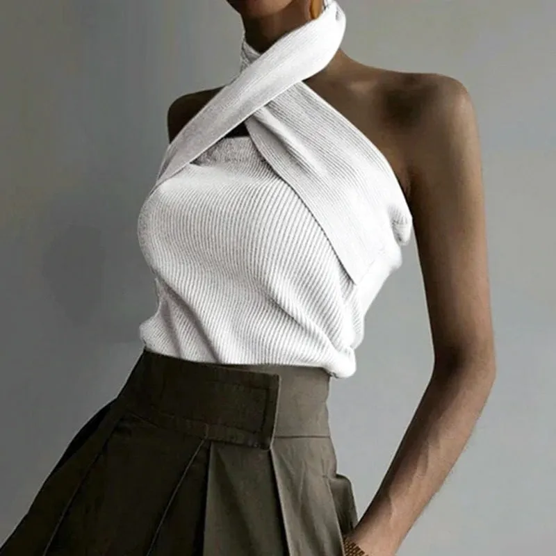 Elegant Halter Neck Casual Streetwear Summer Solid Sexy Sleeveless Tank Tops