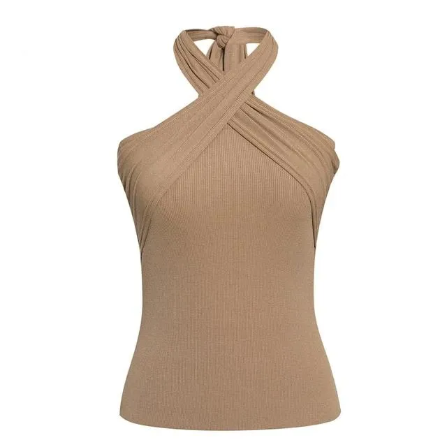 Elegant Halter Neck Casual Streetwear Summer Solid Sexy Sleeveless Tank Tops