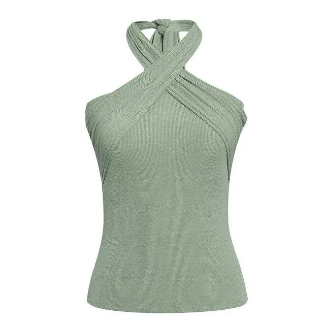Elegant Halter Neck Casual Streetwear Summer Solid Sexy Sleeveless Tank Tops