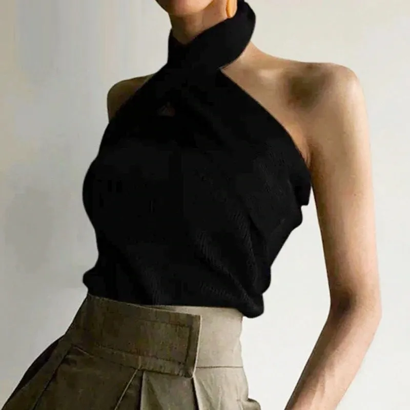Elegant Halter Neck Casual Streetwear Summer Solid Sexy Sleeveless Tank Tops