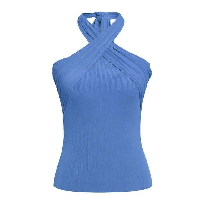 Elegant Halter Neck Casual Streetwear Summer Solid Sexy Sleeveless Tank Tops