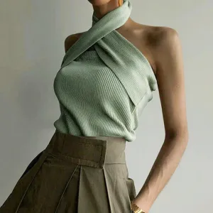 Elegant Halter Neck Casual Streetwear Summer Solid Sexy Sleeveless Tank Tops