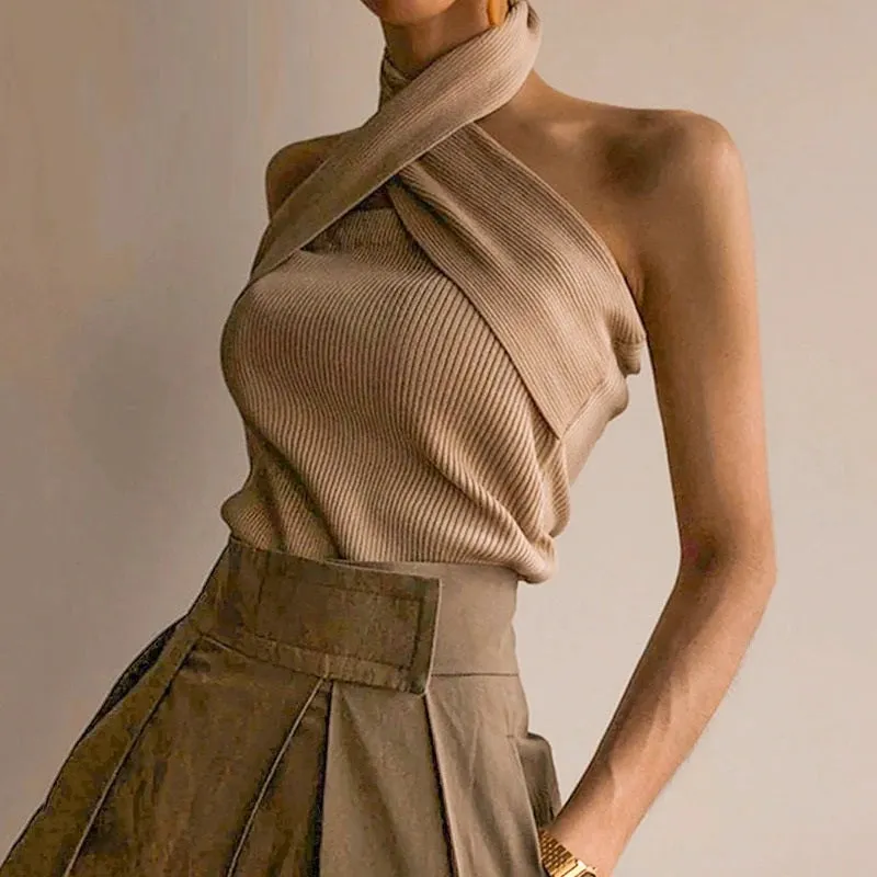 Elegant Halter Neck Casual Streetwear Summer Solid Sexy Sleeveless Tank Tops