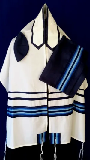 Elegant Light Blue and Blue pattern White Wool Tallit