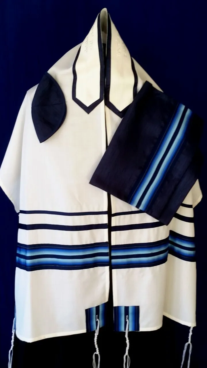 Elegant Light Blue and Blue pattern White Wool Tallit