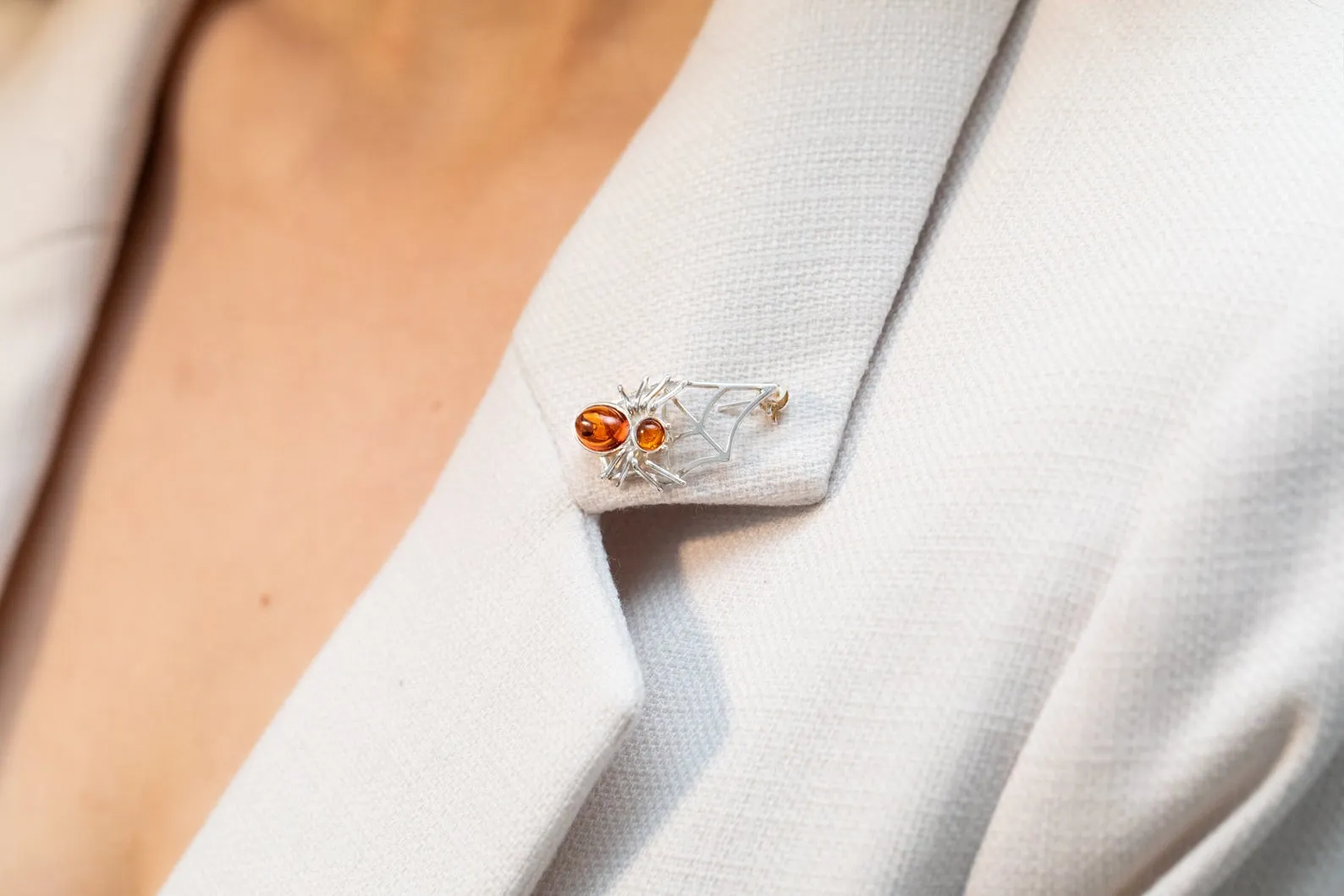 Elegant Minimal Amber Spider Web Brooch - Sterling Silver with Baltic Amber Stones | Unique & Intricate Design