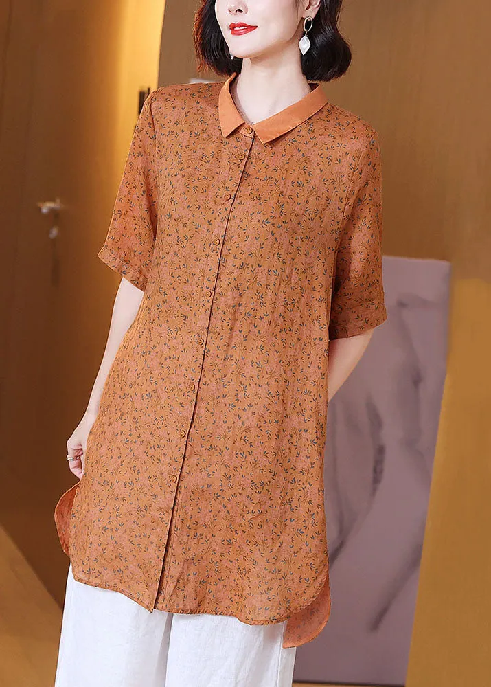 Elegant Orange Peter Pan Collar Print Patchwork Linen Shirts Top Summer LY6953