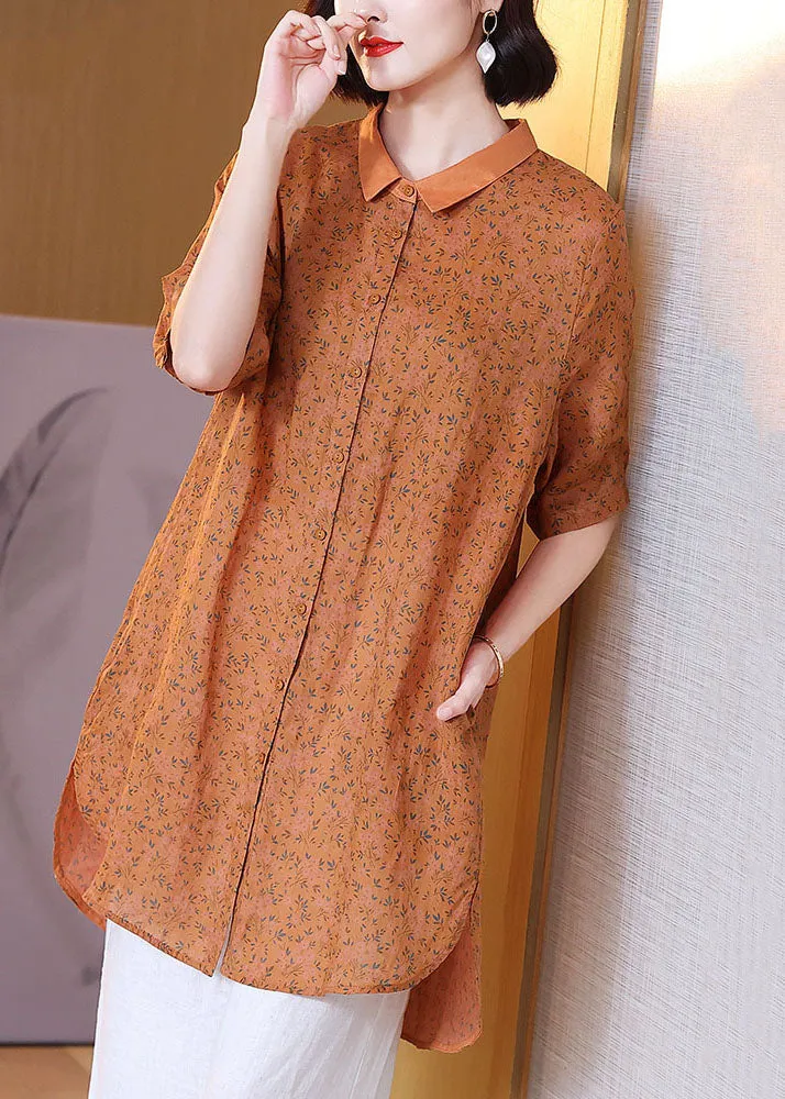 Elegant Orange Peter Pan Collar Print Patchwork Linen Shirts Top Summer LY6953