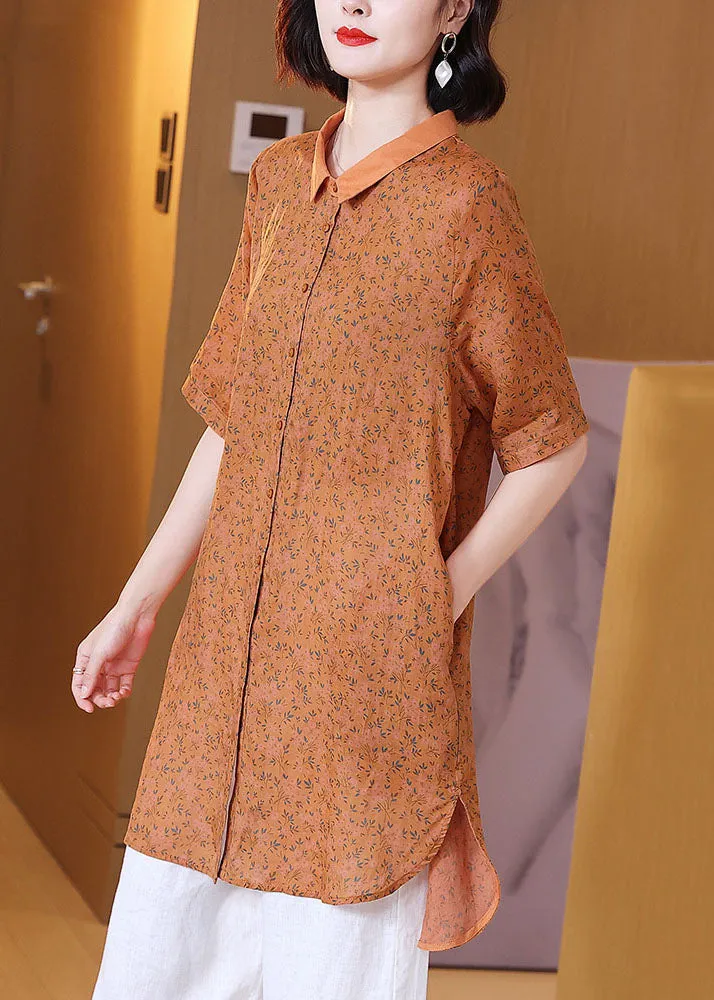 Elegant Orange Peter Pan Collar Print Patchwork Linen Shirts Top Summer LY6953