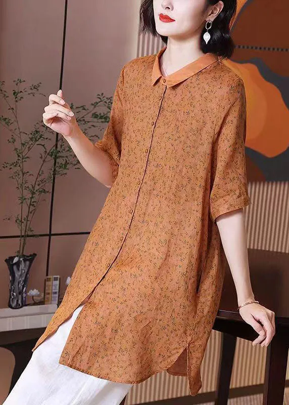 Elegant Orange Peter Pan Collar Print Patchwork Linen Shirts Top Summer LY6953