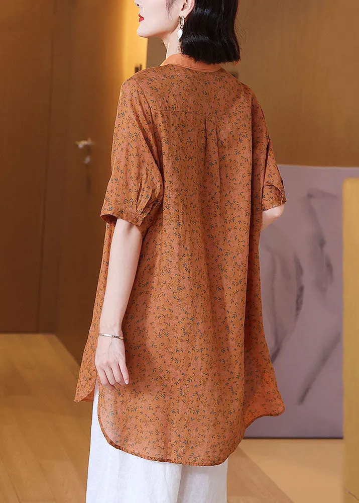 Elegant Orange Peter Pan Collar Print Patchwork Linen Shirts Top Summer LY6953