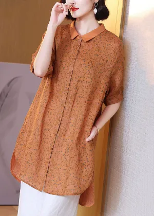Elegant Orange Peter Pan Collar Print Patchwork Linen Shirts Top Summer TP1011