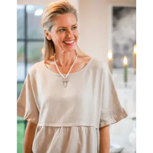 Elegant Pearl Necklace With Pewter Cross- Two pearl sizes