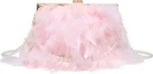 Elegant Pink Feathered Pearl Chain Strap Evening Bag