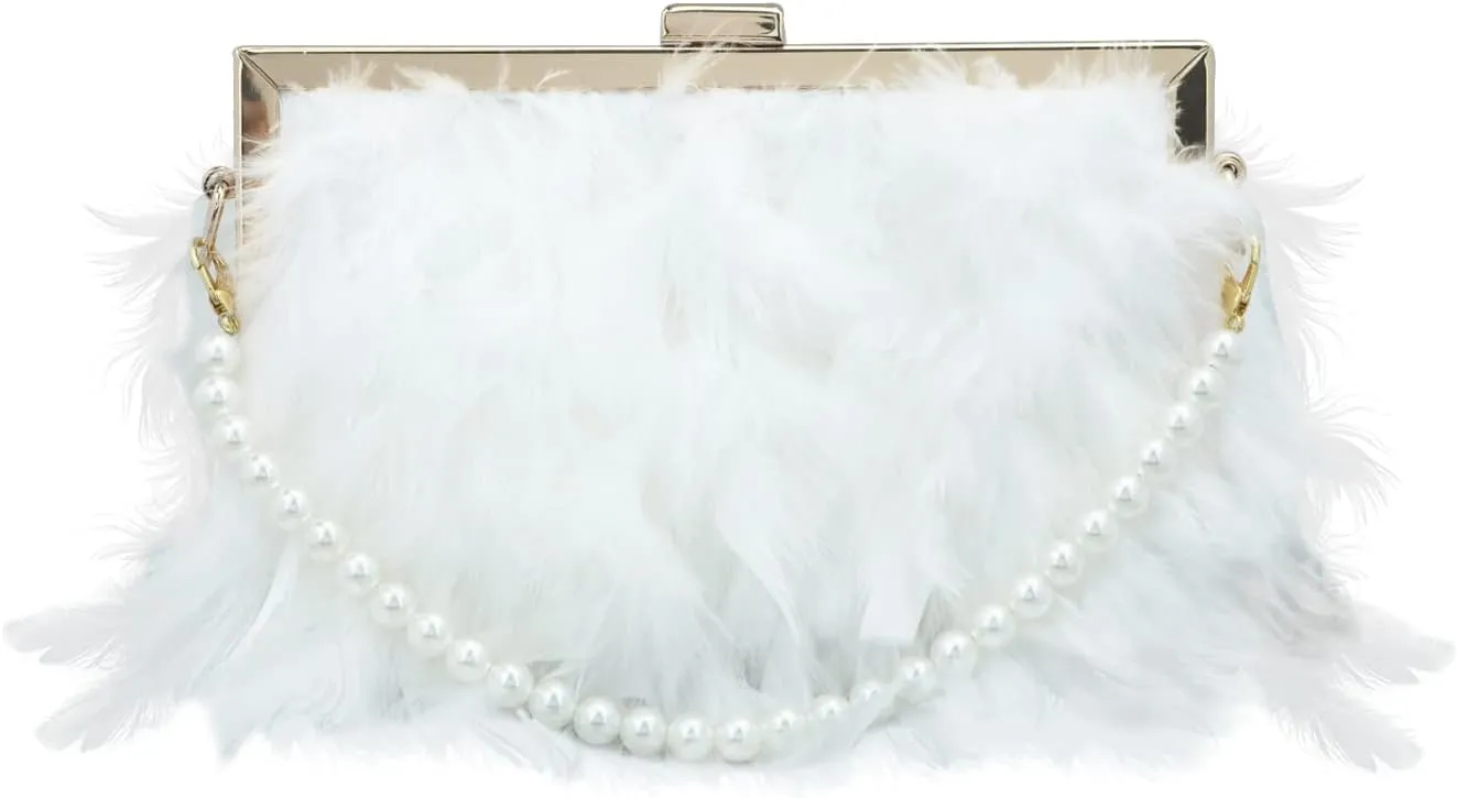 Elegant Pink Feathered Pearl Chain Strap Evening Bag