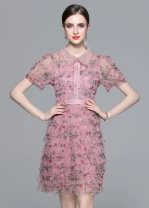 Elegant Pink Ruffled Nail Bead Print Patchwork Tulle Mid Dress Summer LY7428