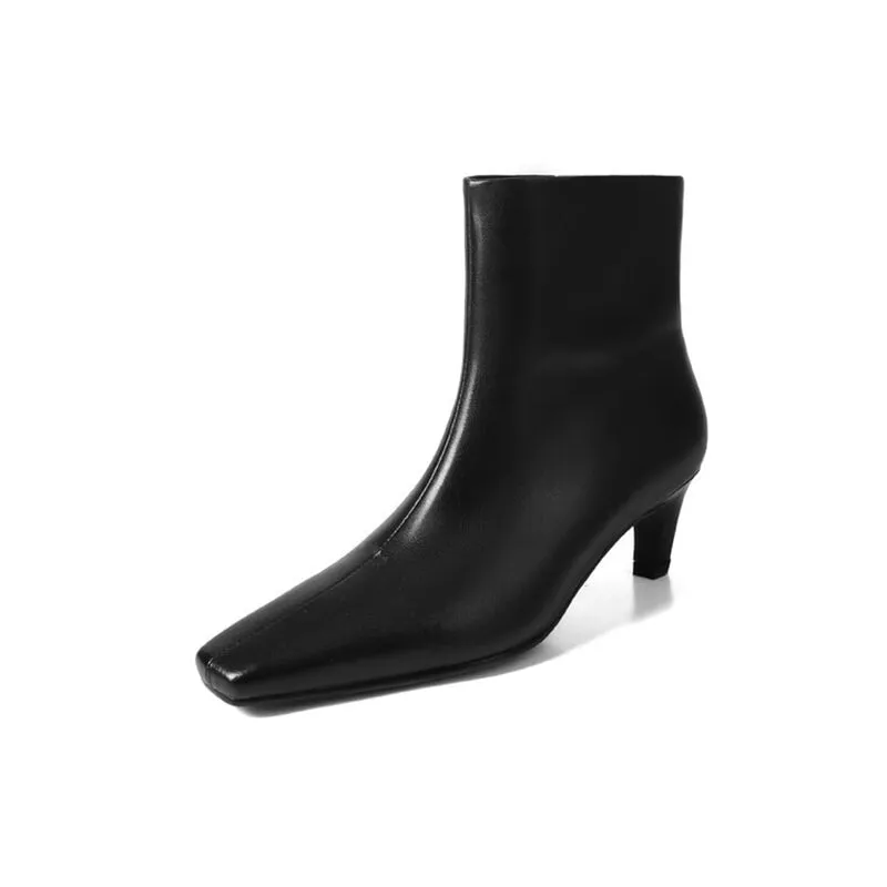 Elegant Point Toe Kitten Heel Ankle Boots Sheepskin Slimming Boots in Black/Red