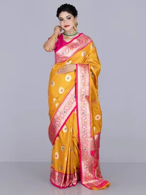 Elegant Saffron Par Anchal Buti Katan Silk Saree