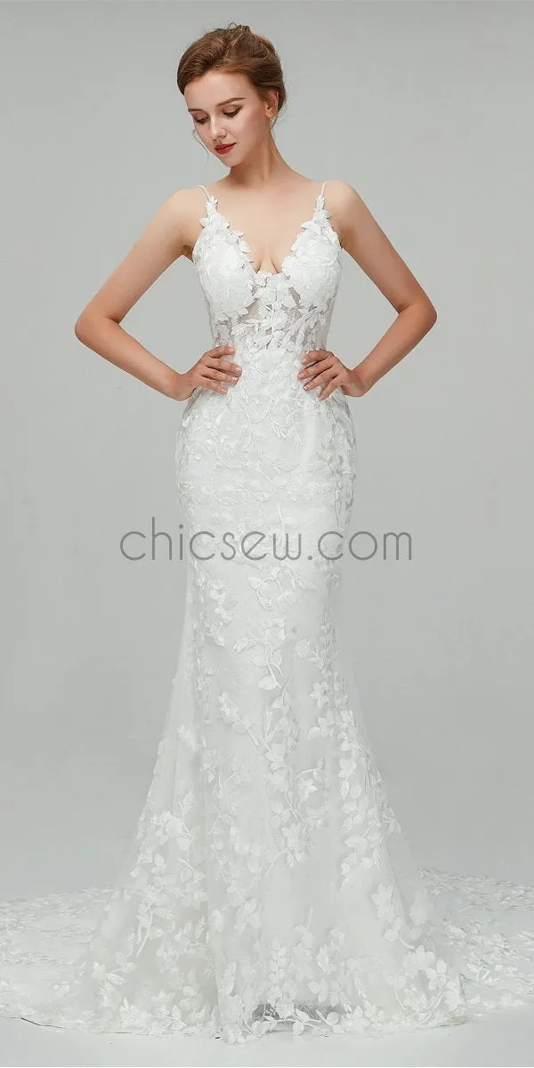 Elegant Spaghetti Strap Lace Applique Mermaid Long Wedding Dresses XDM1110