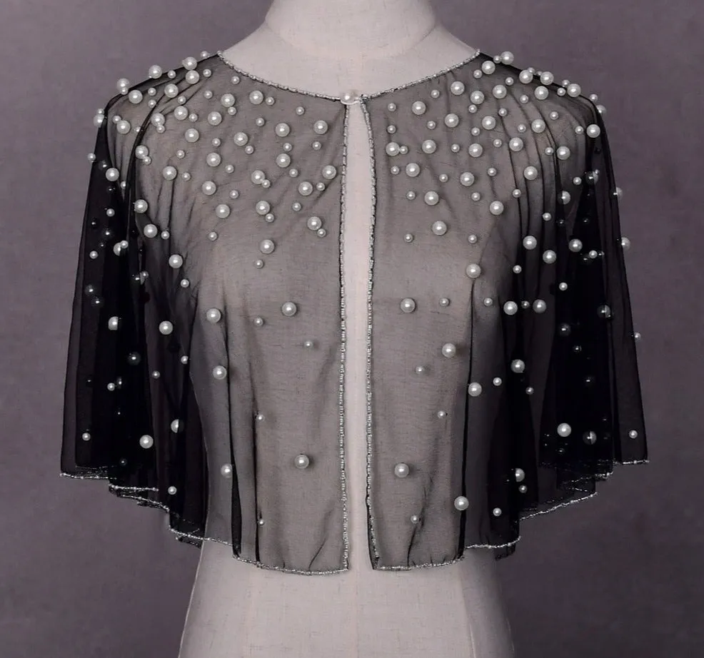 Elegant Wedding Bridal Pearl Beaded Openwork Jacket Bolero Transparent Cape