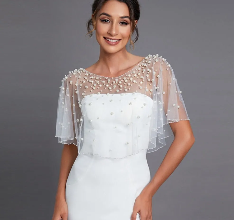 Elegant Wedding Bridal Pearl Beaded Openwork Jacket Bolero Transparent Cape