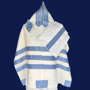 Elegant White Cotton Tallit with Light Blue Silk Stripes