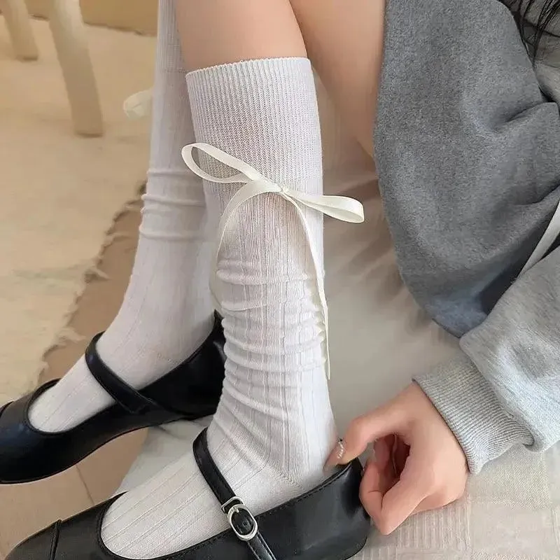Elegant White Cute Knee High Socks with Ribbon Accents
