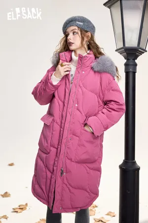 ELFSACK 2024 Winter New Arrivals Fashionable hooded mid-length rose red down jacket for women with fur collar loose warm coat