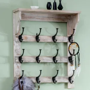 Elisa Mango Wood Coat Rack Shelf Wall Mount 16 hooks