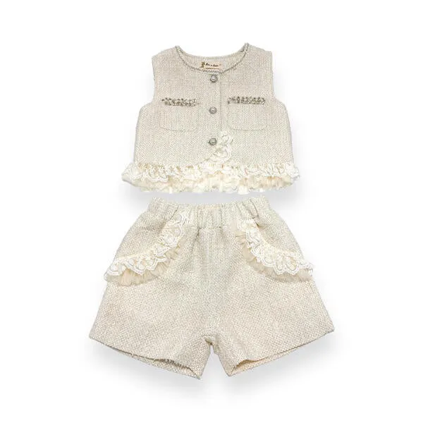 Embellished Tweed Vest - Beige