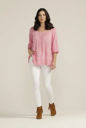 Embroidered Cotton Trapeze Top Pale Pink