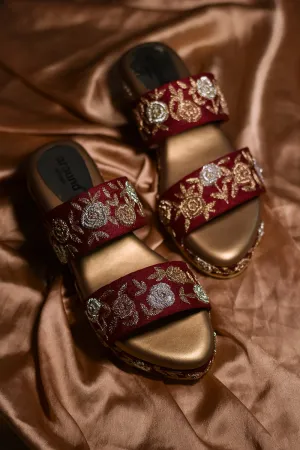 Embroidered Maroon Wedges