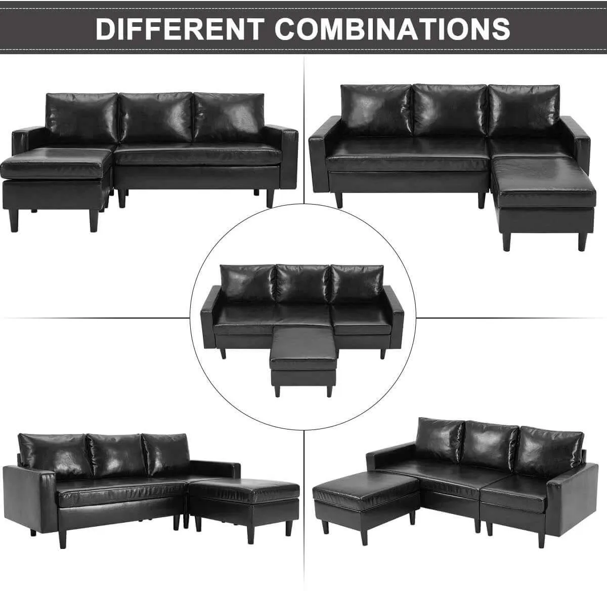 Enlarged Convertible Sectional Sofa Couch, 3-seat Sofa Couch with Ottoman, L-Shaped Sofa with Modern PU Leather Fabric for Living Room or Apartment, Black