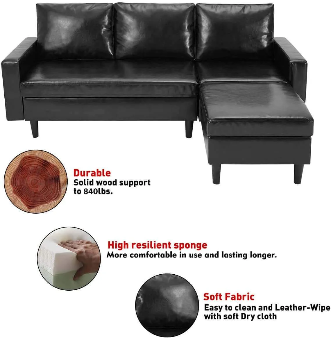 Enlarged Convertible Sectional Sofa Couch, 3-seat Sofa Couch with Ottoman, L-Shaped Sofa with Modern PU Leather Fabric for Living Room or Apartment, Black