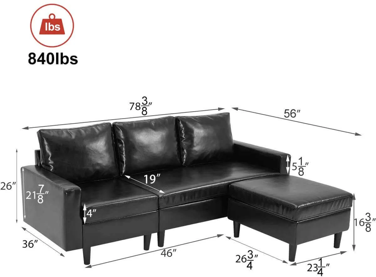 Enlarged Convertible Sectional Sofa Couch, 3-seat Sofa Couch with Ottoman, L-Shaped Sofa with Modern PU Leather Fabric for Living Room or Apartment, Black