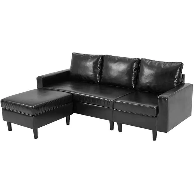 Enlarged Convertible Sectional Sofa Couch, 3-seat Sofa Couch with Ottoman, L-Shaped Sofa with Modern PU Leather Fabric for Living Room or Apartment, Black