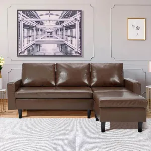 Enlarged Convertible Sectional Sofa Couch, 3-seat Sofa Couch with Ottoman, L-Shaped Sofa with Modern PU Leather Fabric for Living Room or Apartment, Brown