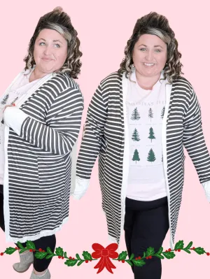 Erika Striped Open Cardigan in Dark Olive   Ivory