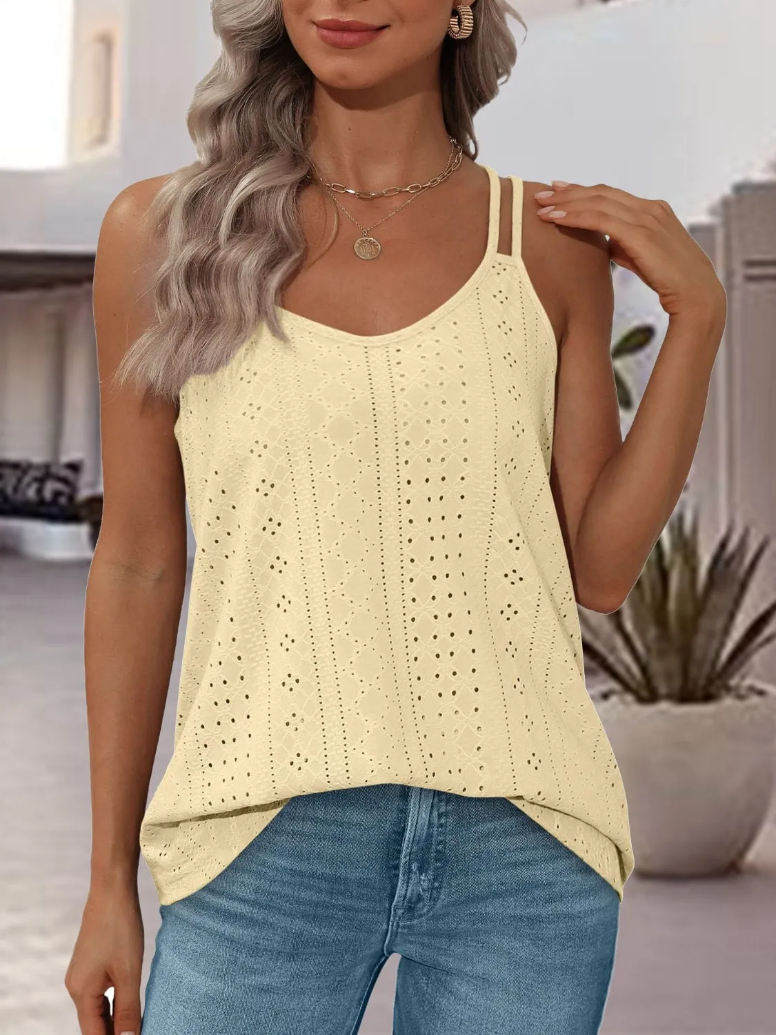Eyelet Scoop Neck Spaghetti Strap Cami